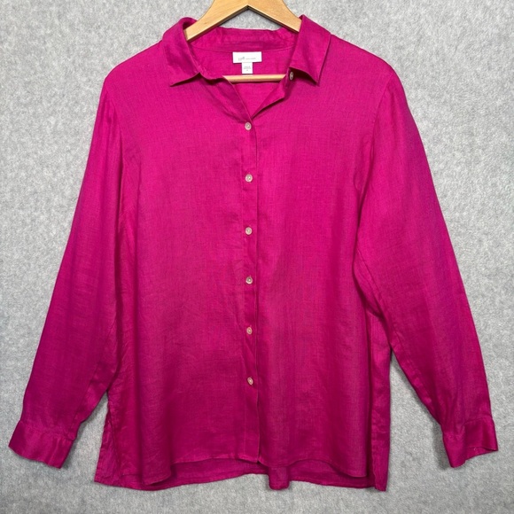 J. Jill Love Linen Long Sleeve Button Down Shirt-Dark Pink-Women Size Medium - Picture 2 of 6